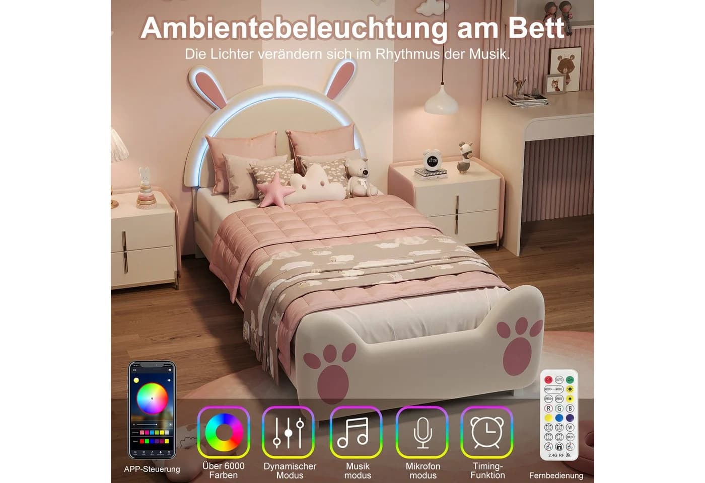 FUROKOY Polsterbett Kinderbett Hasenform 90x200 cm LED-Licht