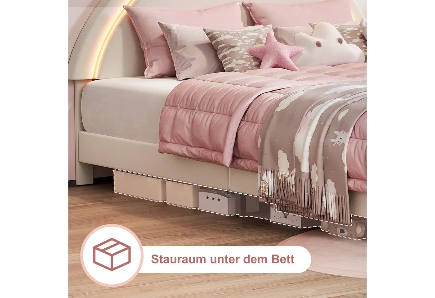 ADWOLT Samt Polsterbett Hasenform Rosa/Weiß mit LED-Lichtleiste - Bild 4