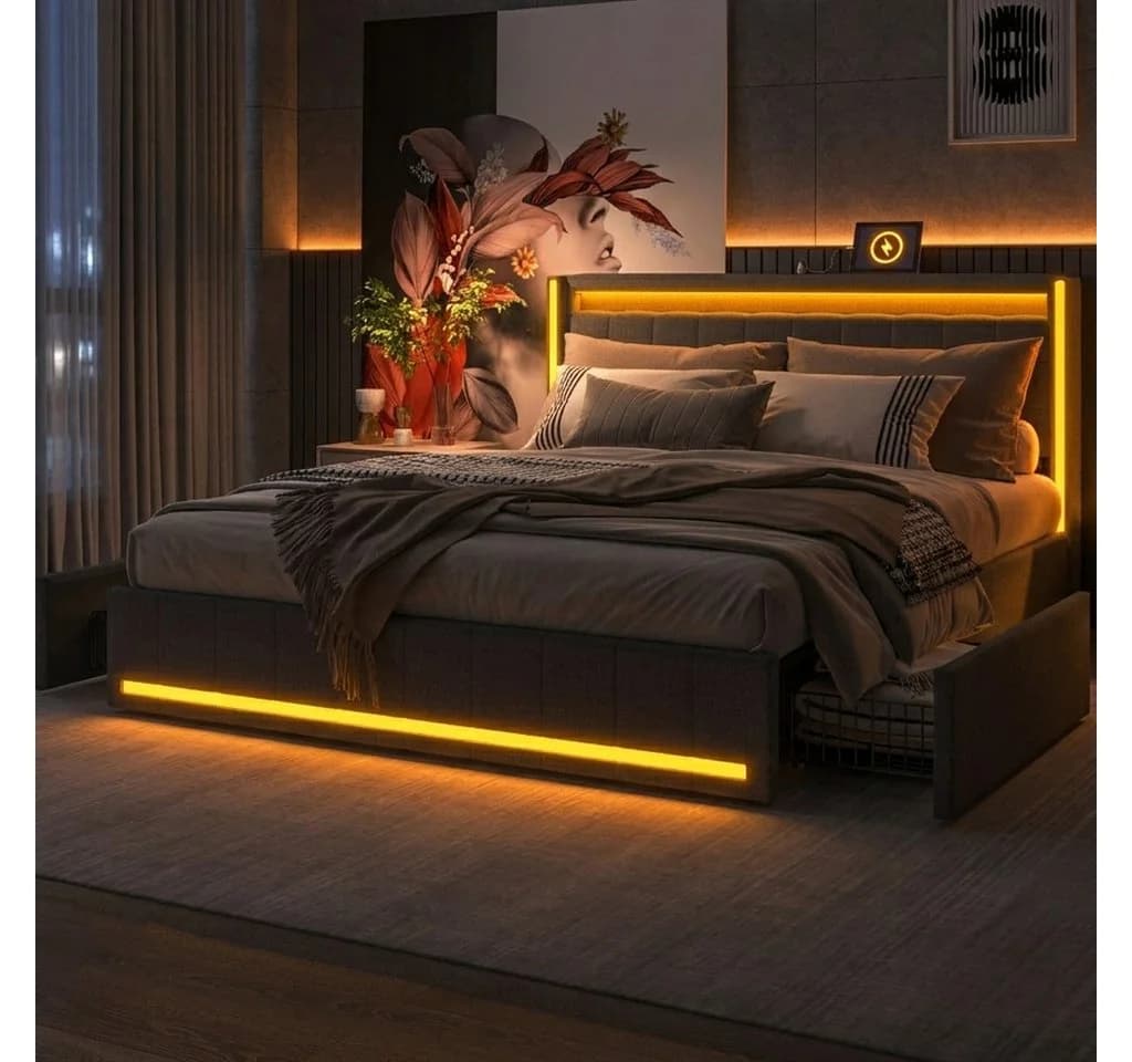 ADWOLT Polsterbett 140x200 Grau mit LED Licht & Schubladen - Bild 2