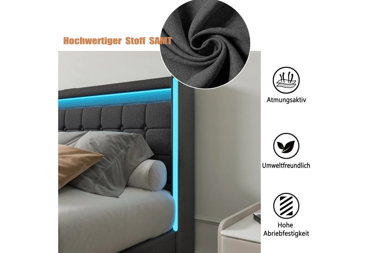 ADWOLT Polsterbett 140x200 Grau mit LED Licht & Schubladen - Bild 4