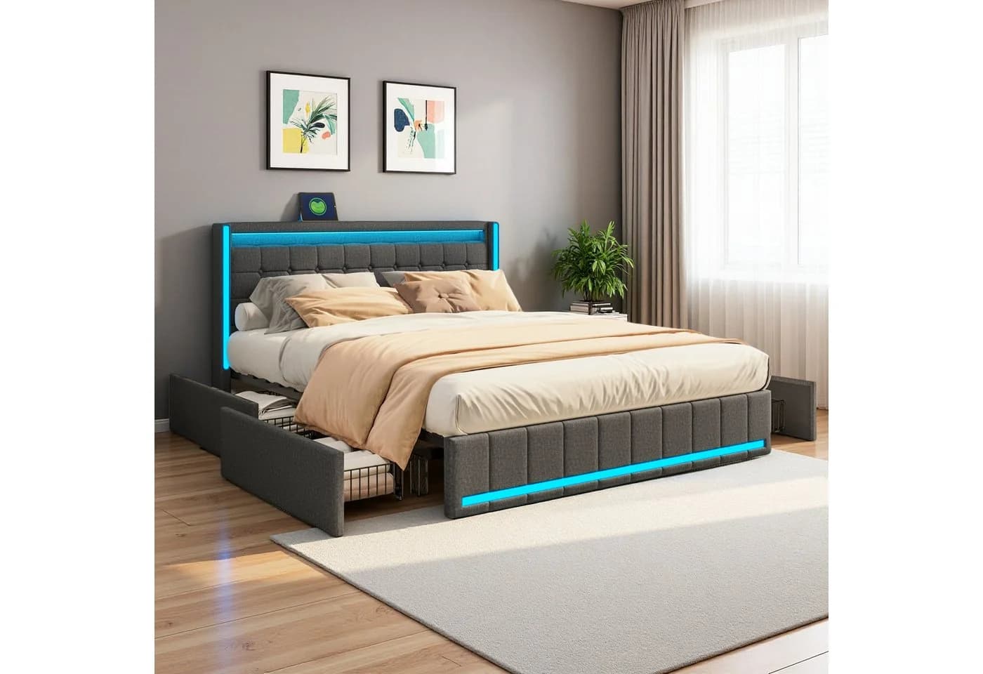ADWOLT Polsterbett 140x200 Grau mit LED Licht & Schubladen - Bild 5