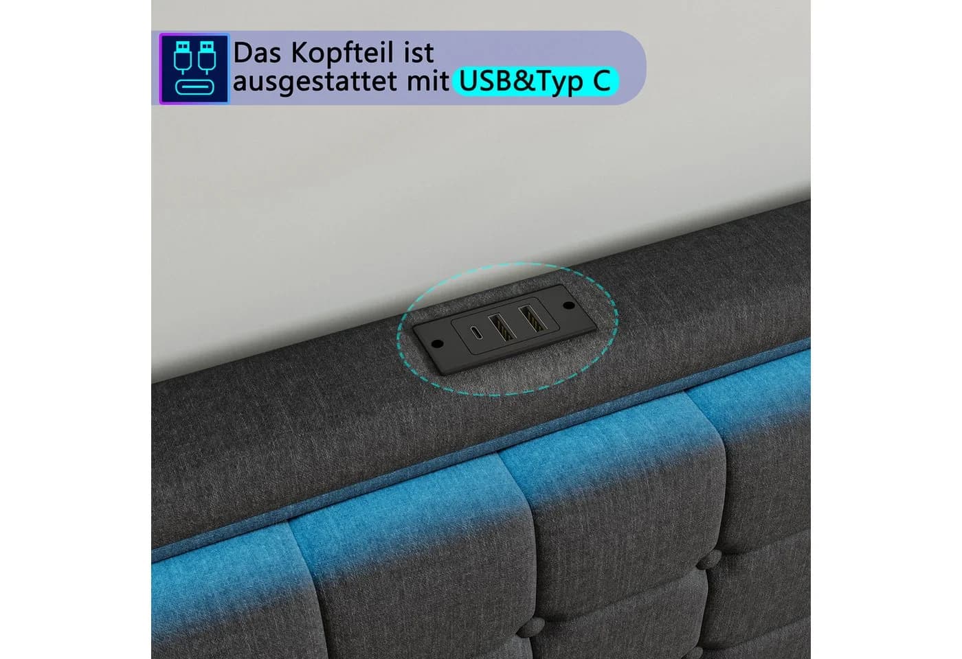 ADWOLT Polsterbett 180x200 Grau mit LED, Schubladen & USB - Bild 3