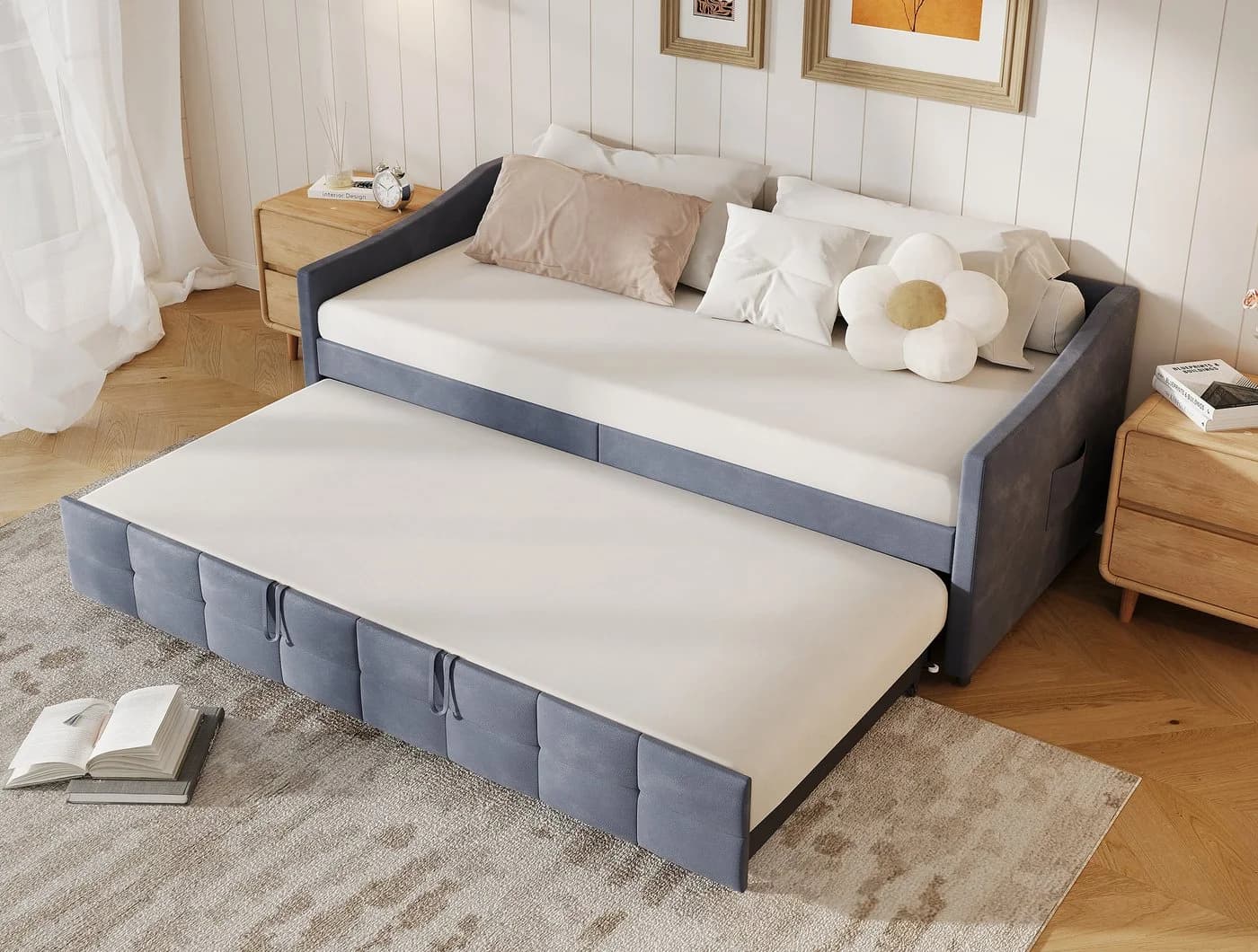 FUROKOY Schlafsofa Grau Samt mit hydraulischem Ausziehmechanismus - Bild 2