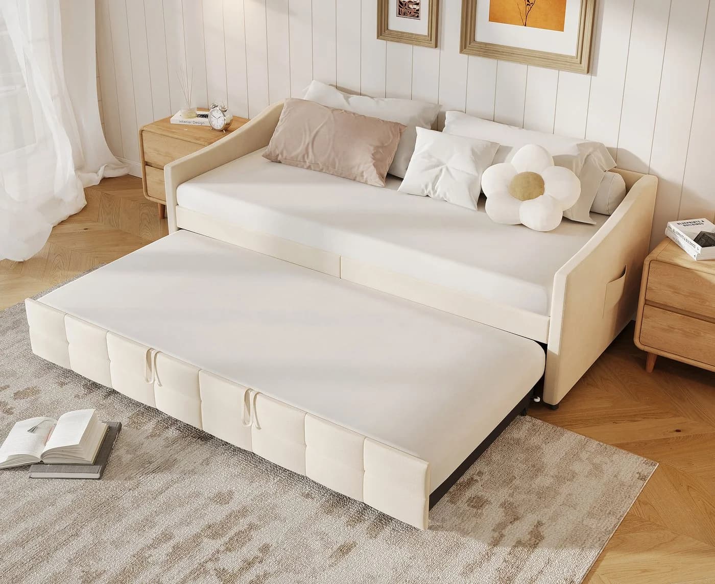 FUROKOY Schlafsofa Beige Samt mit Ausziehmechanismus - Bild 2