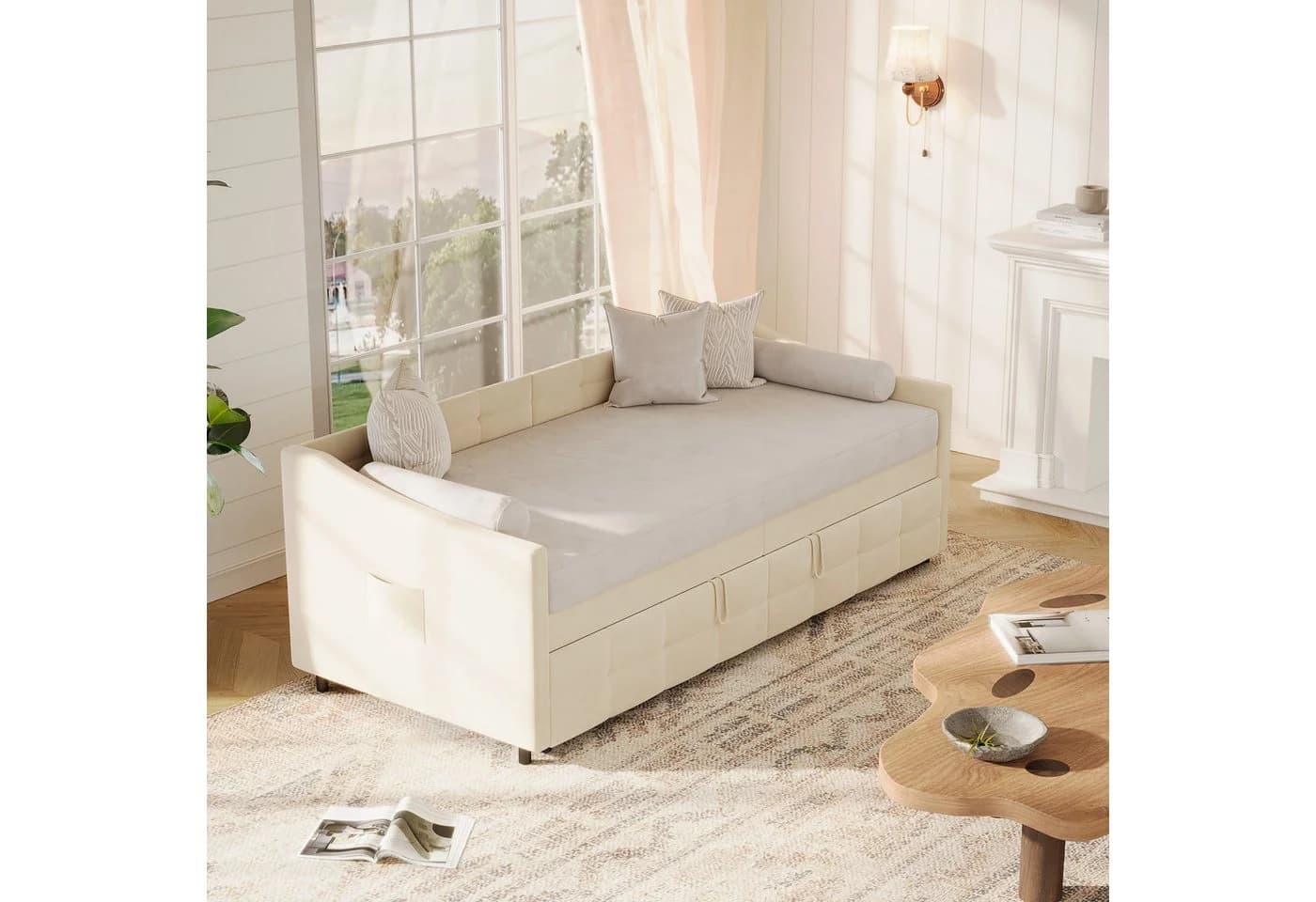 FUROKOY Schlafsofa Beige Samt mit Ausziehmechanismus - Bild 4
