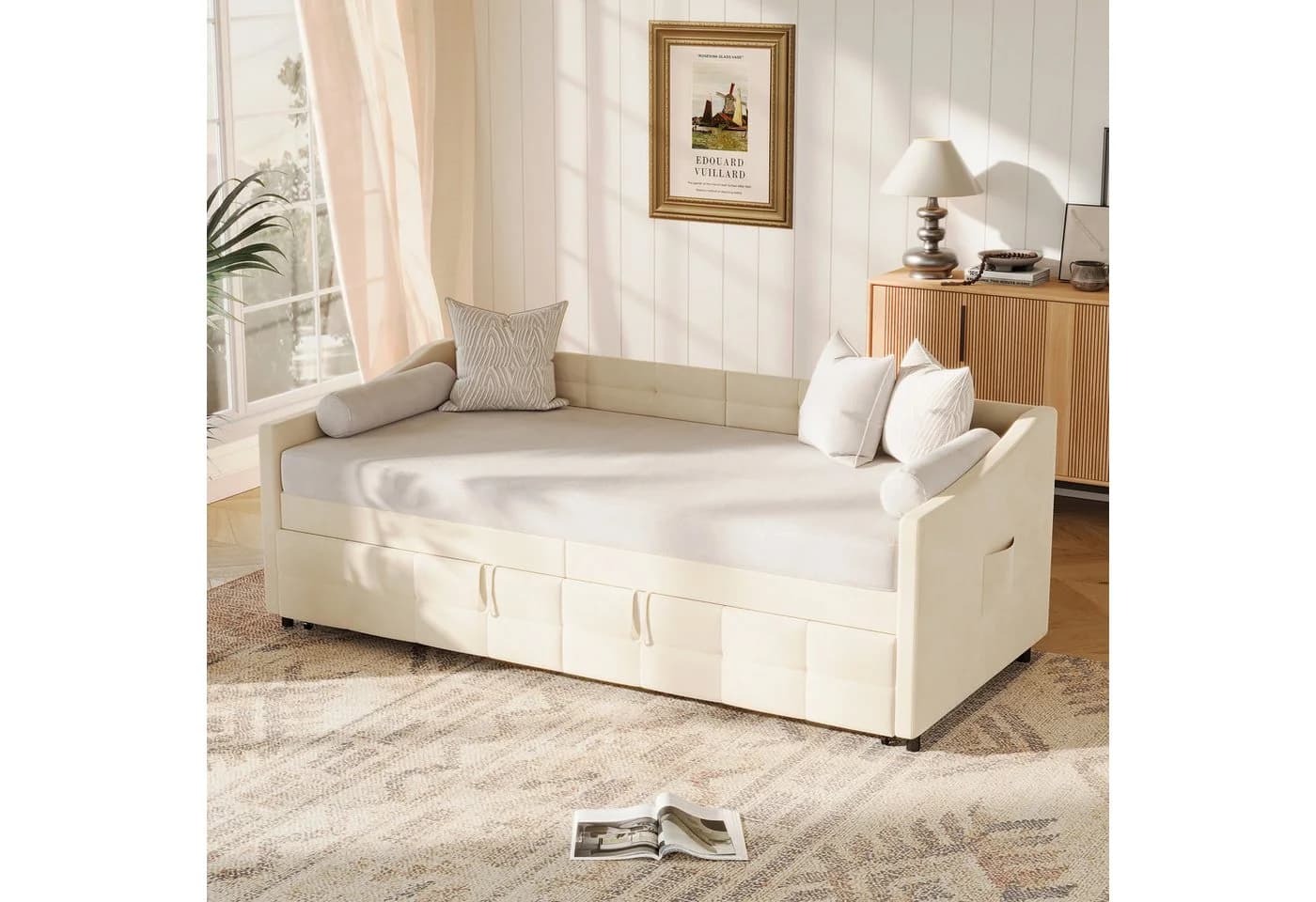 FUROKOY Schlafsofa Beige Samt mit Ausziehmechanismus - Bild 5