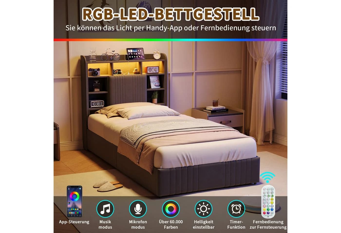 ADWOLT Polsterbett 90x200 cm Grau mit LED, USB und Schubladen