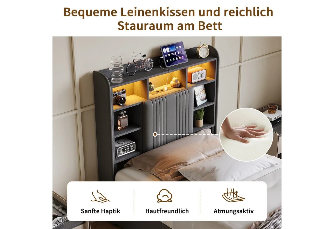 ADWOLT Polsterbett 90x200 cm Grau mit LED, USB und Schubladen - Bild 3