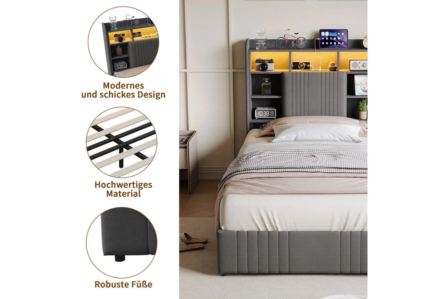 ADWOLT Polsterbett 90x200 cm Grau mit LED, USB und Schubladen - Bild 5