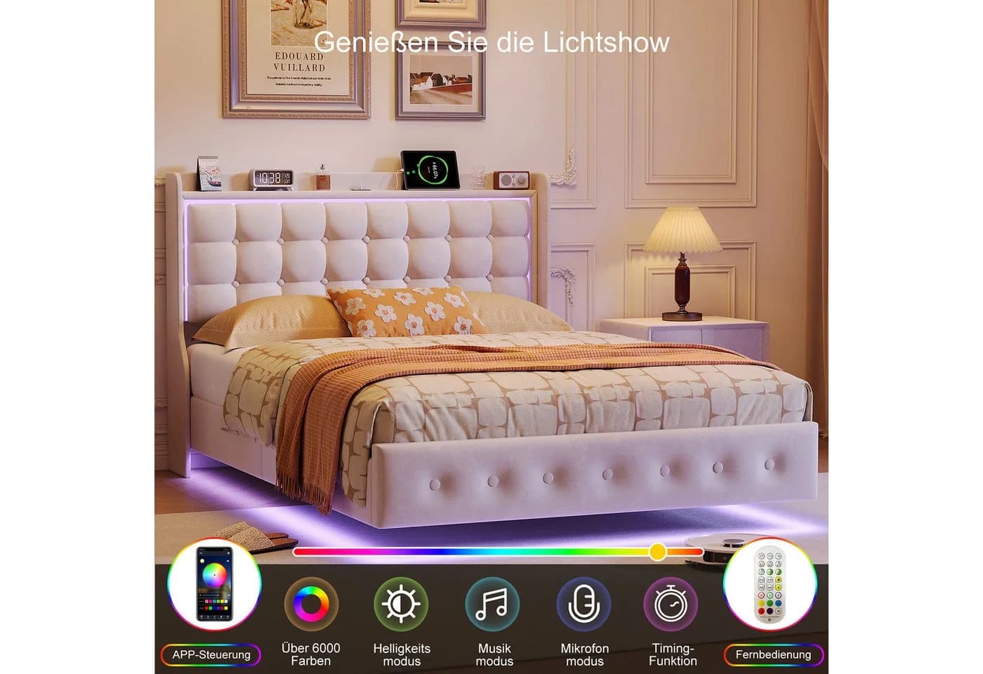 ADWOLT Polsterbett 160x200 cm Weiß Samt mit LED & USB - Bild 3