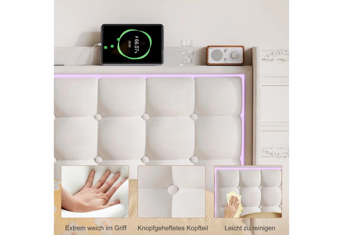 ADWOLT Polsterbett 160x200 cm Weiß Samt mit LED & USB - Bild 5