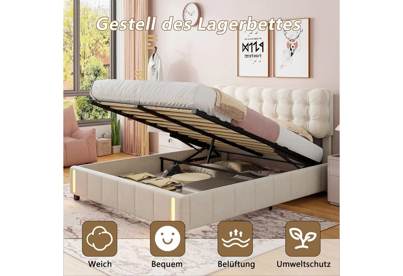 ADWOLT Polsterbett 160x200 mit Bettkasten und LED-Leuchte Beige Samt