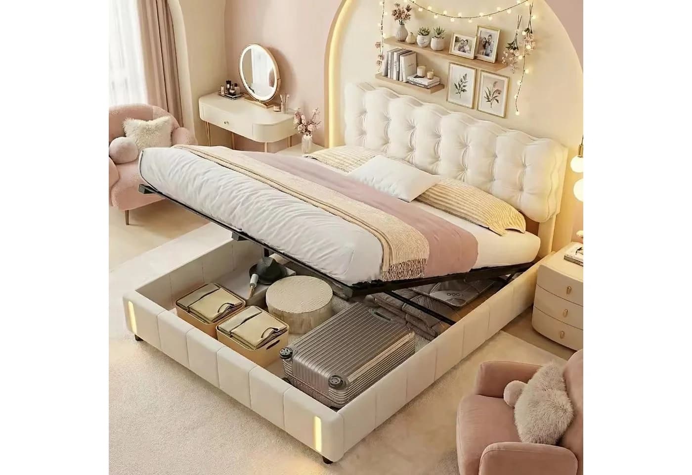 ADWOLT Polsterbett 160x200 mit Bettkasten und LED-Leuchte Beige Samt - Bild 2