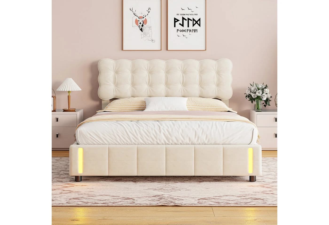 ADWOLT Polsterbett 160x200 mit Bettkasten und LED-Leuchte Beige Samt - Bild 5