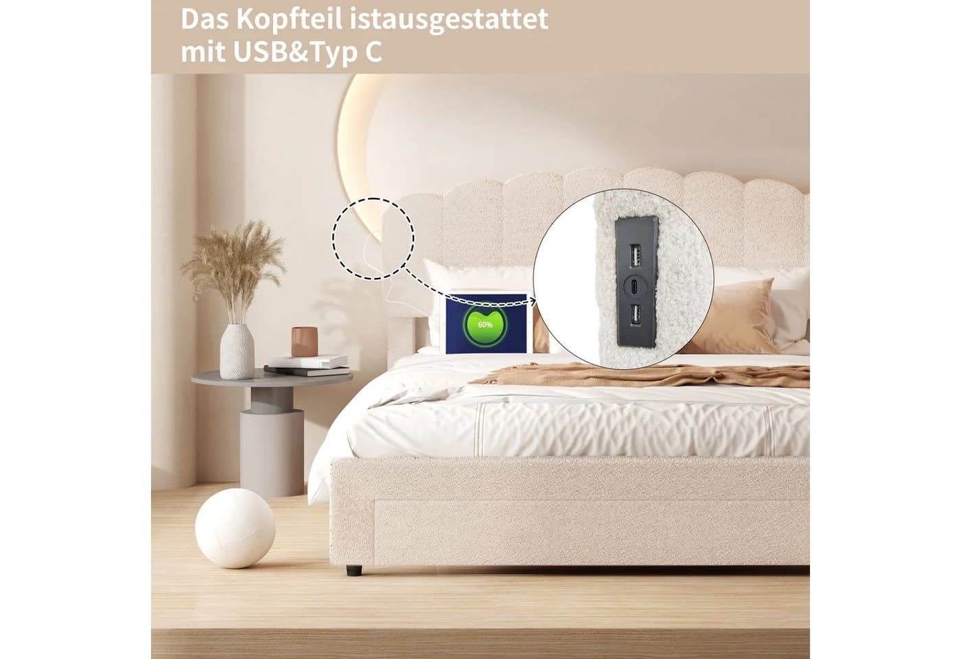 ADWOLT Polsterbett 160x200 Beige mit USB & Stauraum - Bild 3