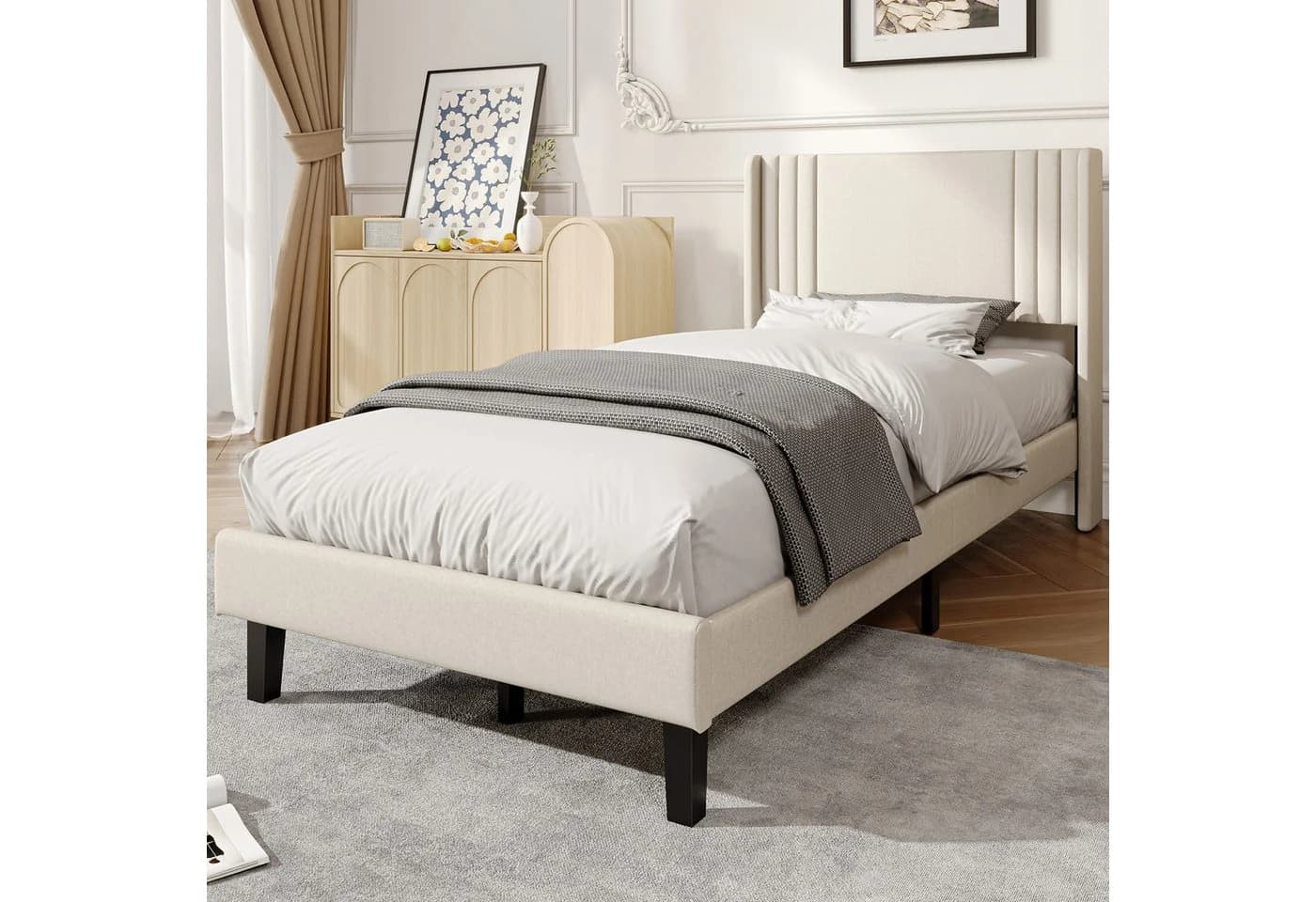 ADWOLT Polsterbett Beige Leinenstoff mit Kopfteil - Bild 2