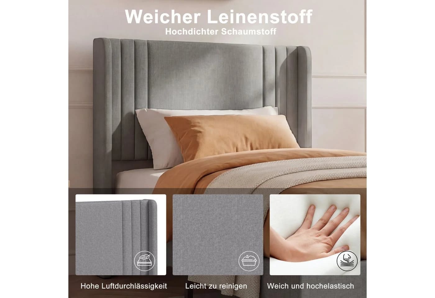 ADWOLT Polsterbett Grau Leinenstoff mit Kopfteil - Bild 4