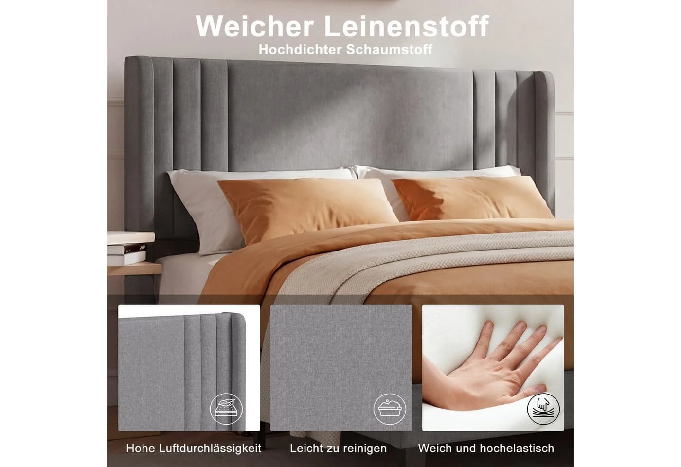ADWOLT Polsterbett Grau Leinenstoff Doppelbett mit Kopfteil - Bild 4