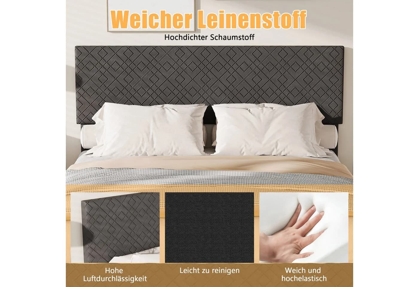 ADWOLT Polsterbett 160x200 cm Grau Verstellbares Kopfteil Leinenstoff - Bild 4