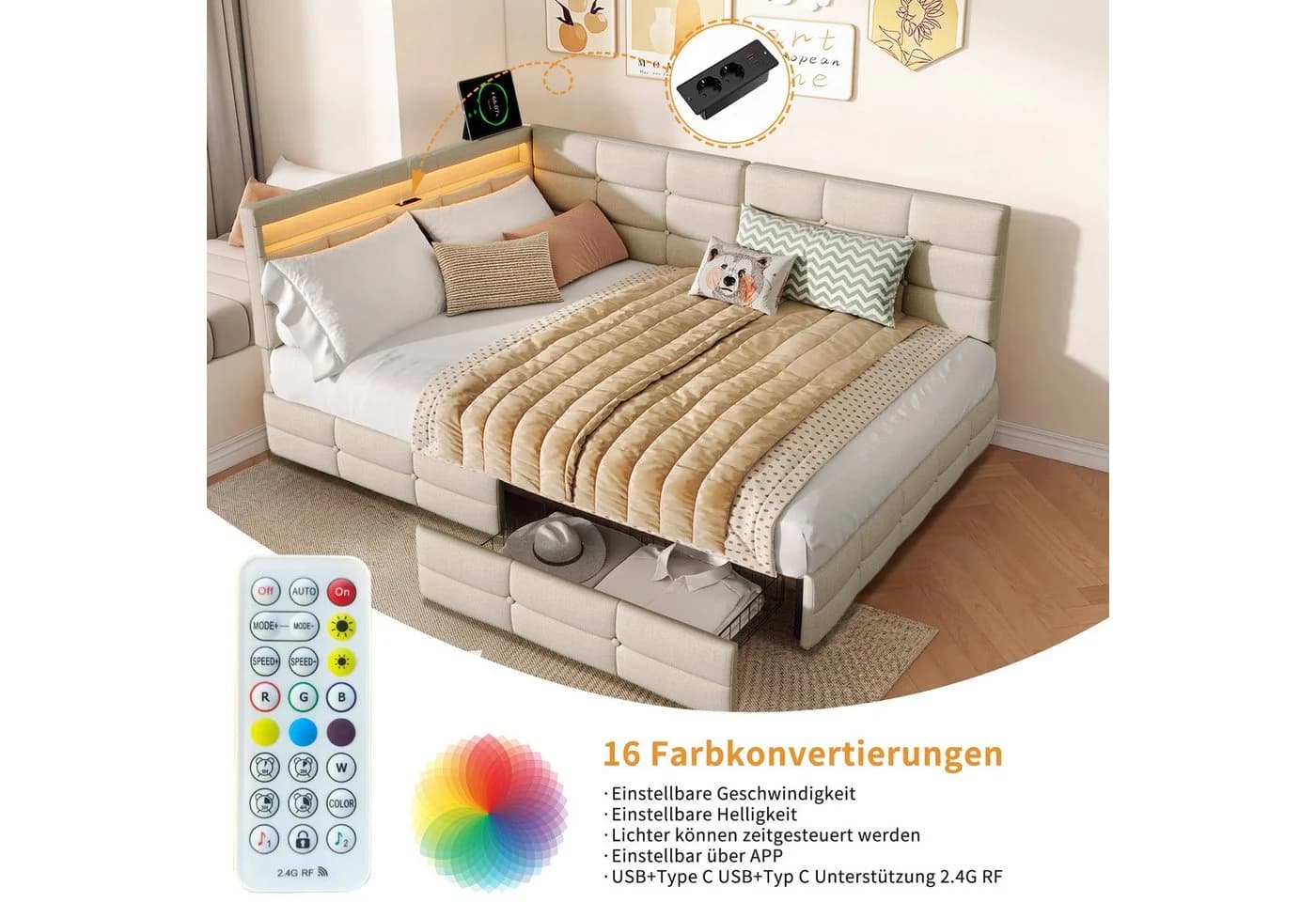 ADWOLT Schlafsofa Daybett mit LED-Licht und USB-Anschluss