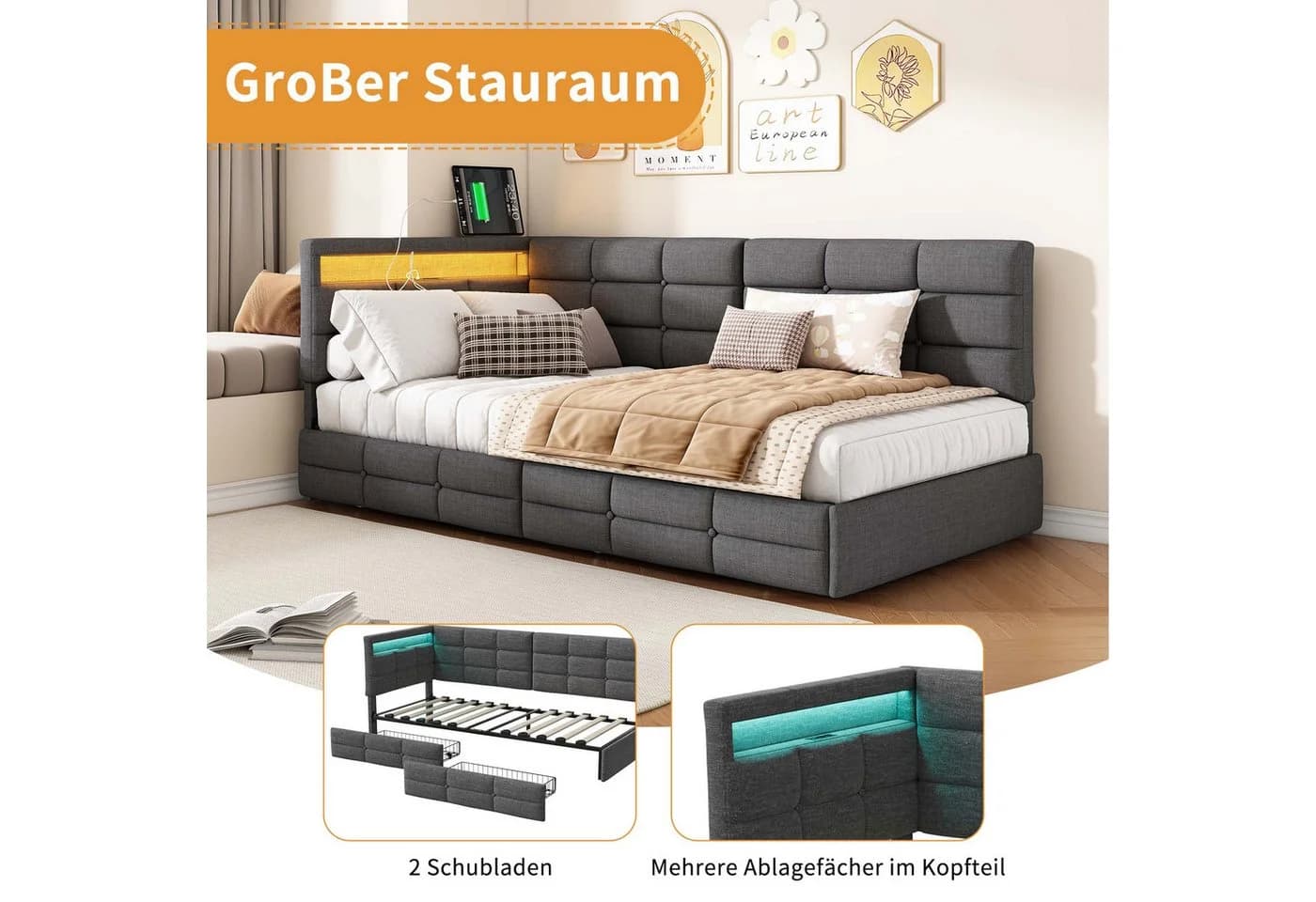 ADWOLT Schlafsofa Daybett Grau mit LED-Licht und USB-Anschluss - Bild 3