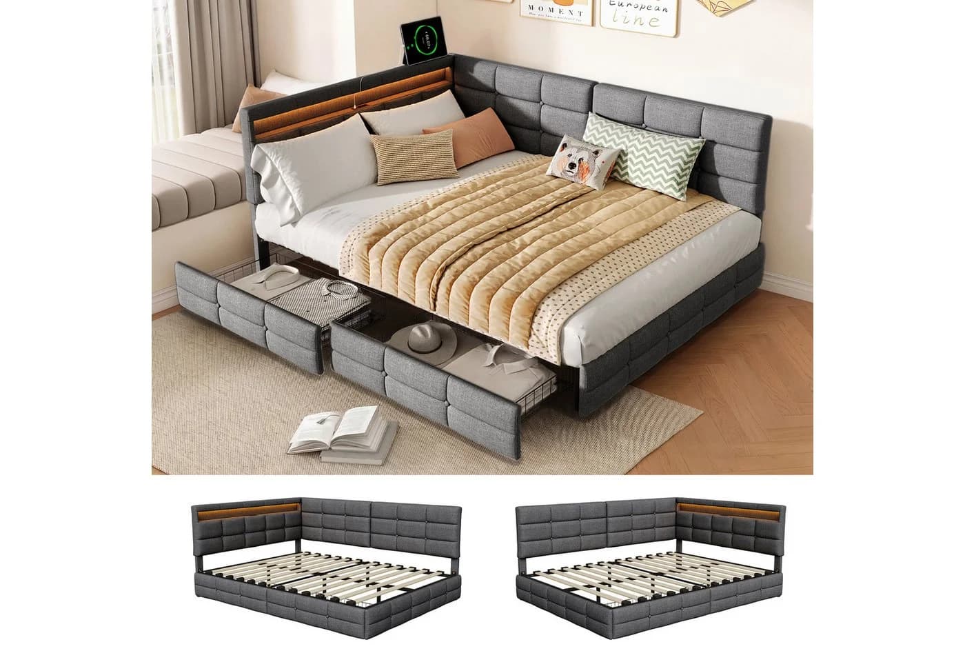 ADWOLT Schlafsofa Daybett Grau mit LED-Licht und USB-Anschluss - Bild 4
