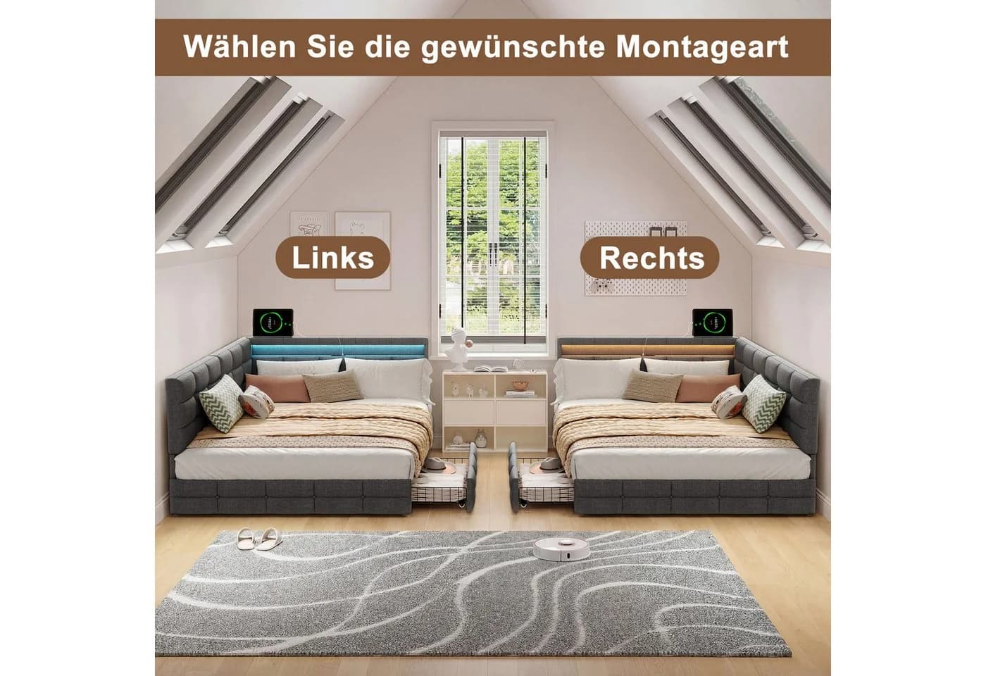 ADWOLT Schlafsofa Daybett Grau mit LED-Licht und USB-Anschluss - Bild 5