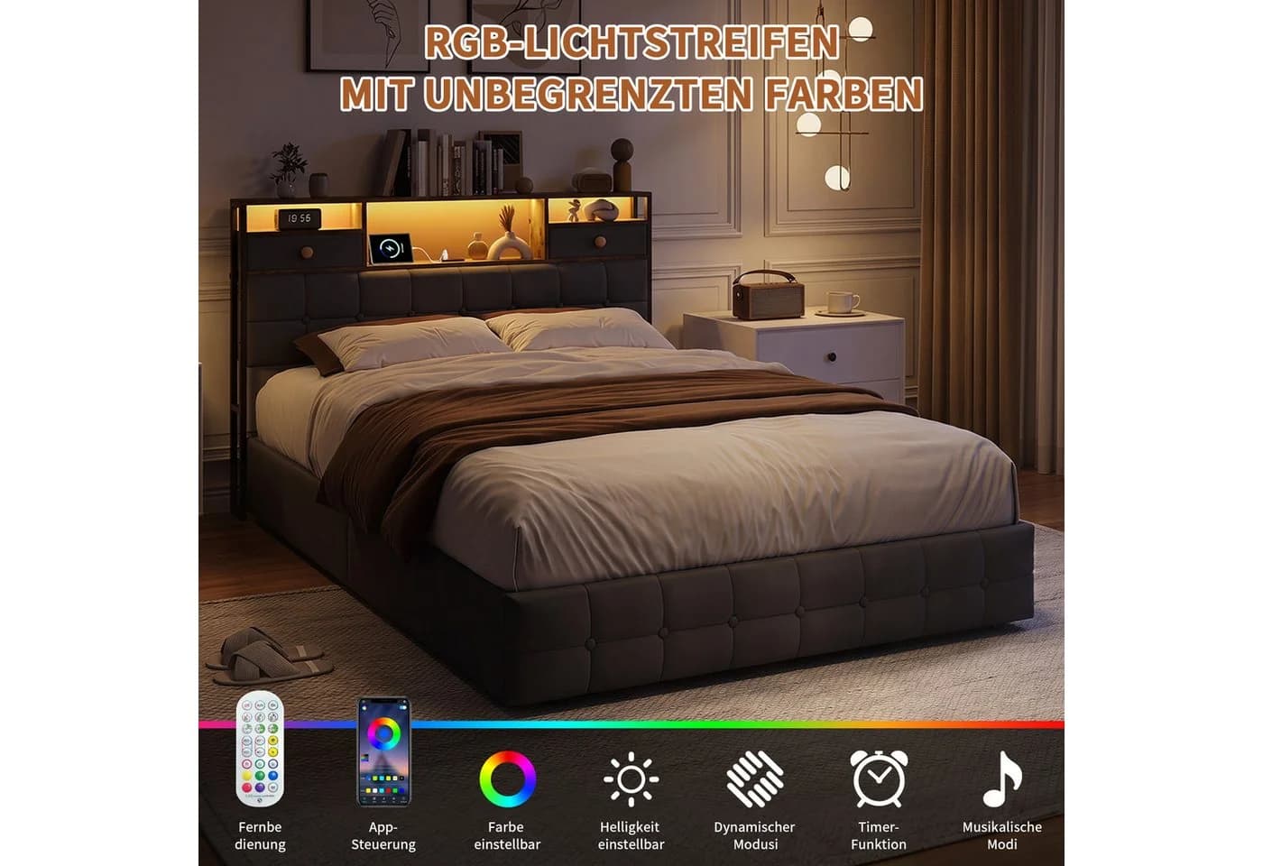 ADWOLT Polsterbett Grau mit LED, USB & 4 Schubladen