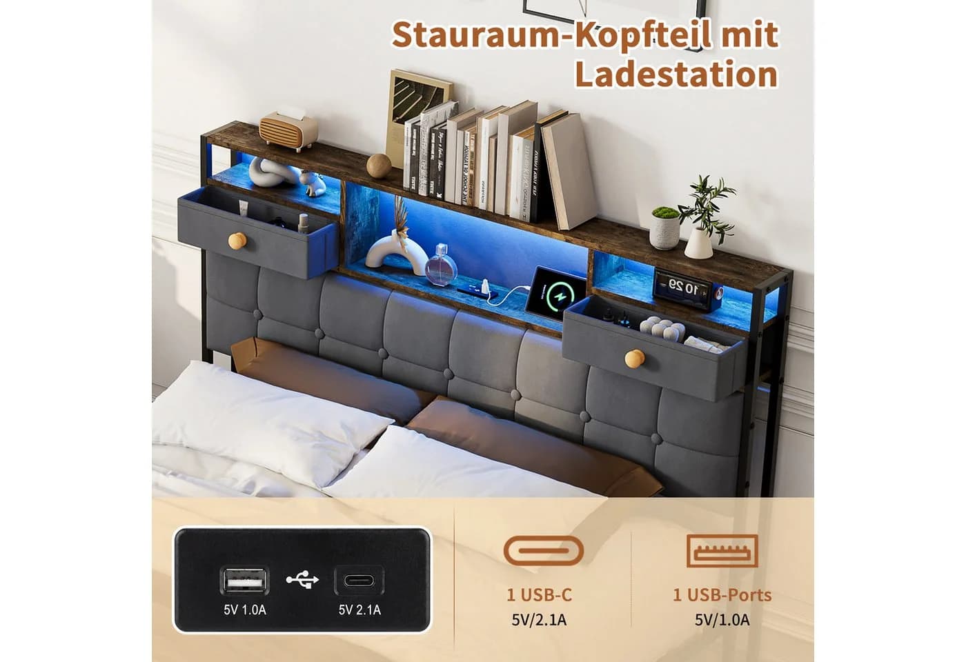 ADWOLT Polsterbett Grau mit LED, USB & 4 Schubladen - Bild 3