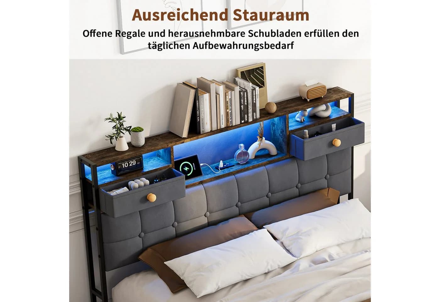 ADWOLT Polsterbett Grau mit LED, USB & 4 Schubladen - Bild 4