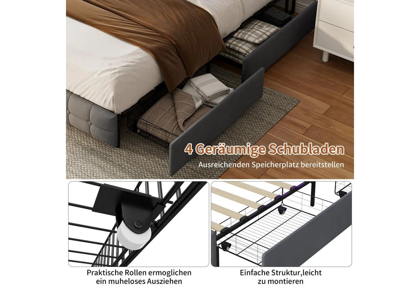 ADWOLT Polsterbett Grau mit LED, USB & 4 Schubladen - Bild 5