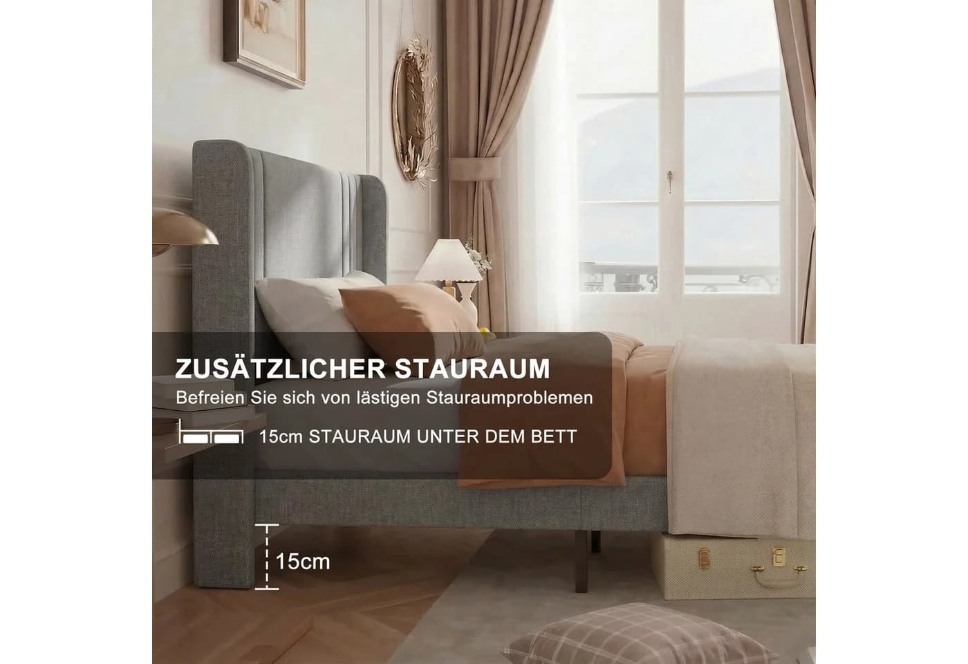 zebery Polsterbett 90x200 cm Grau Leinenstoff Gepolstert