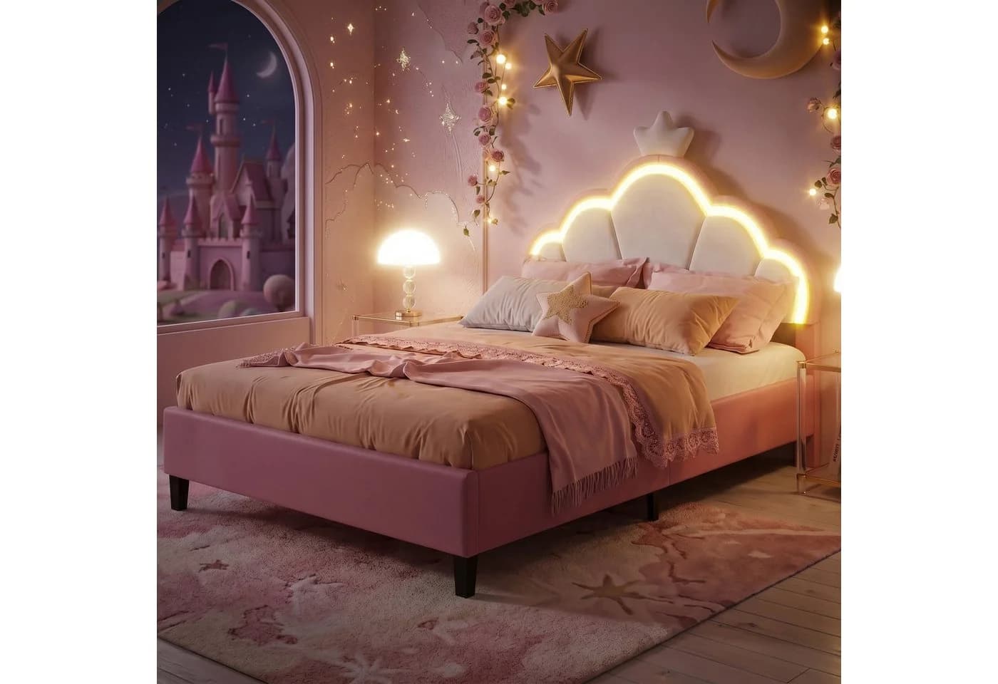 zebery Polsterbett Rosa mit LED-Beleuchtung und verstellbarem Kopfteil - Bild 2