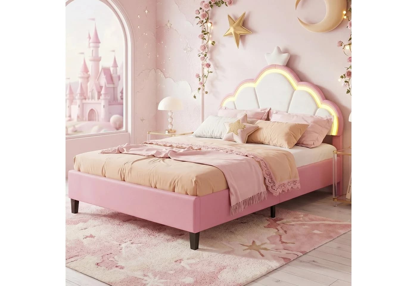 zebery Polsterbett Rosa mit LED-Beleuchtung und verstellbarem Kopfteil - Bild 5