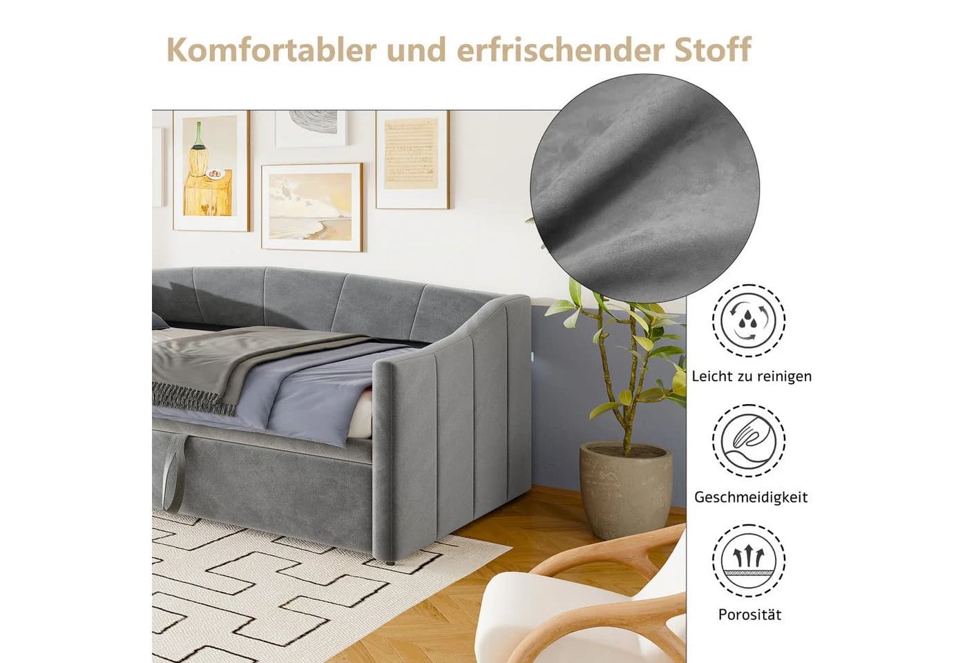 zebery Schlafsofa Polsterbett Daybett Grau Samtstoff - Bild 3