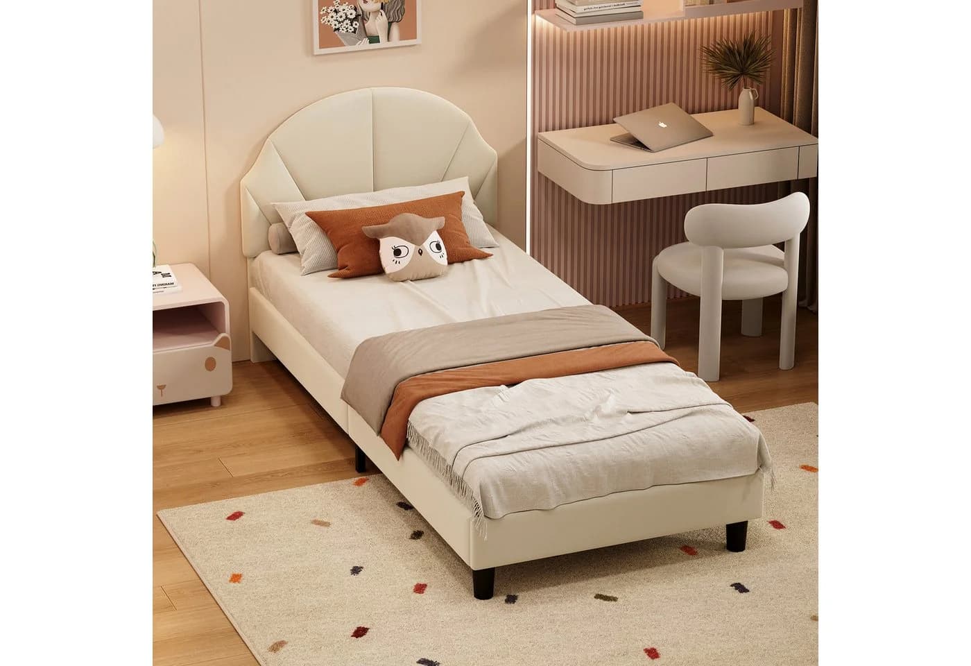 zebery Kinderbett Polsterbett Beige Samt mit verstellbarem Kopfteil