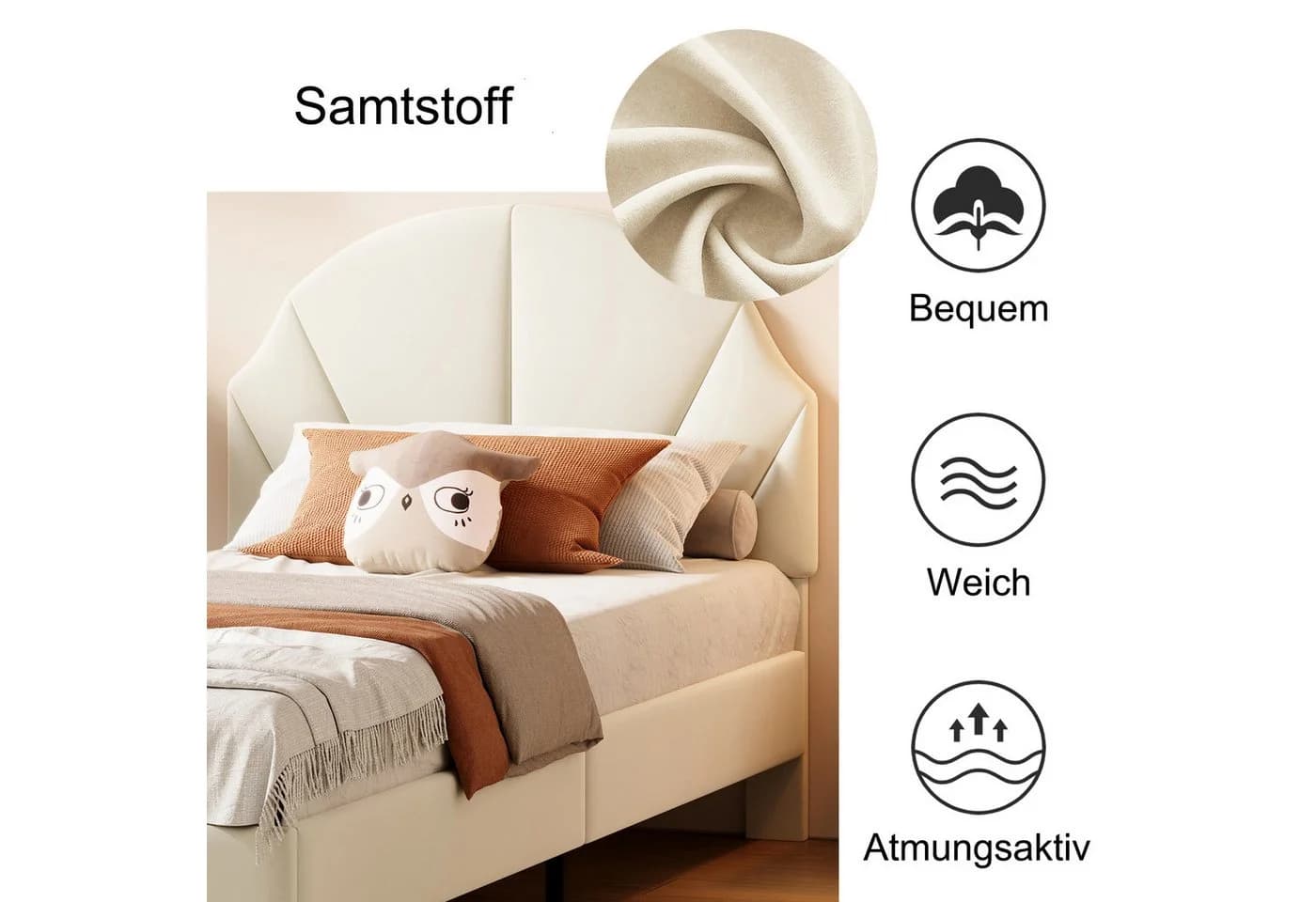 zebery Kinderbett Polsterbett Beige Samt mit verstellbarem Kopfteil - Bild 3