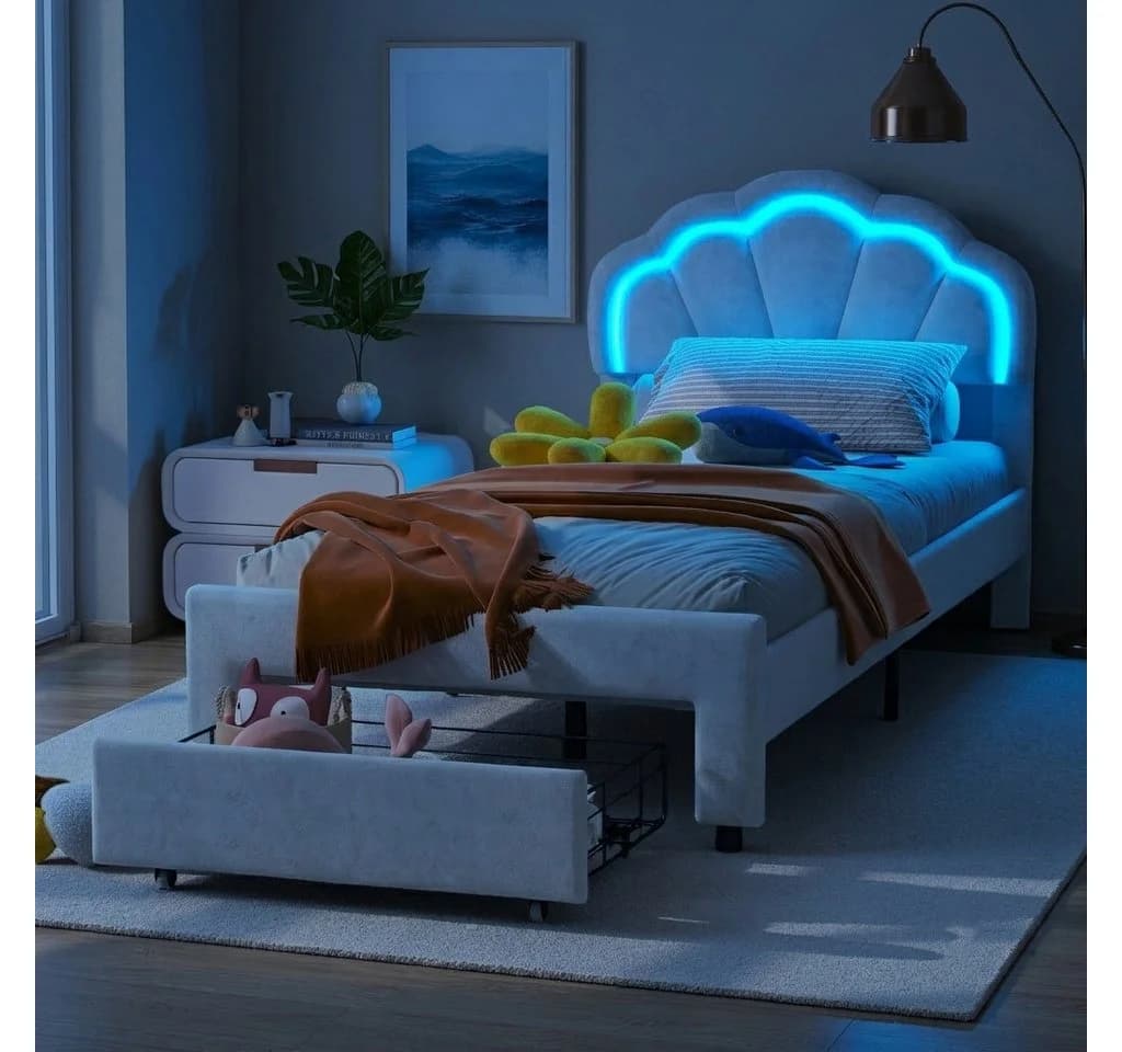 zebery Kinderbett Polsterbett mit Schubladen und LED-Beleuchtung Samt Weiß - Bild 2