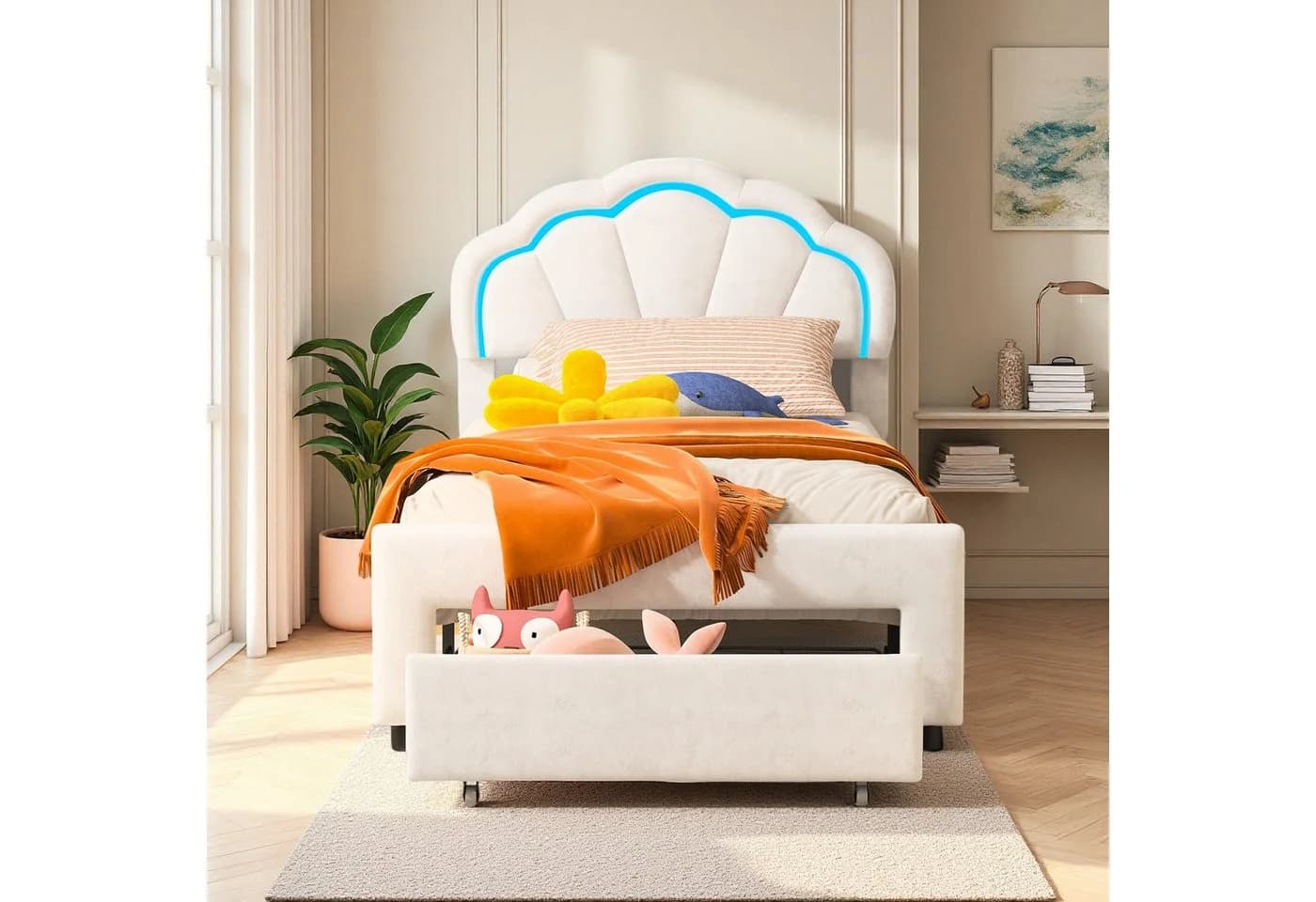 zebery Kinderbett Polsterbett mit Schubladen und LED-Beleuchtung Samt Weiß - Bild 4