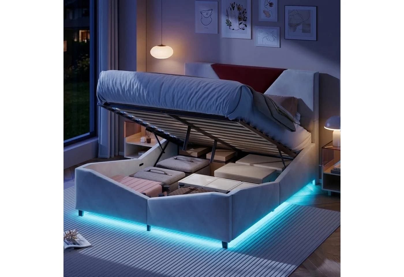 zebery Polsterbett Stauraumbett Beige Samt mit LED-Beleuchtung - Bild 2