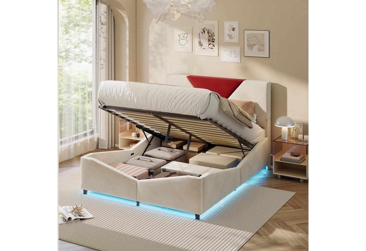 zebery Polsterbett Stauraumbett Beige Samt mit LED-Beleuchtung - Bild 5