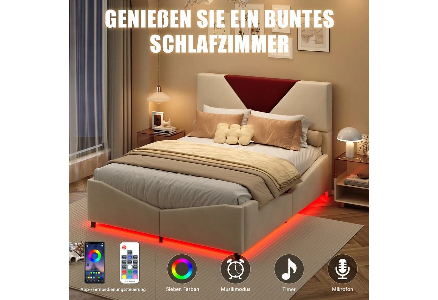 zebery Polsterbett mit LED-Beleuchtung und Bettkasten Beige Samt