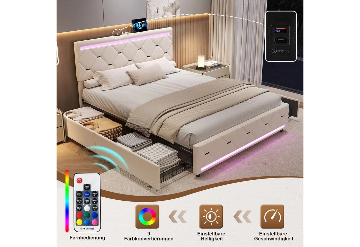 zebery Stauraumbett Polsterbett Beige mit LED und USB