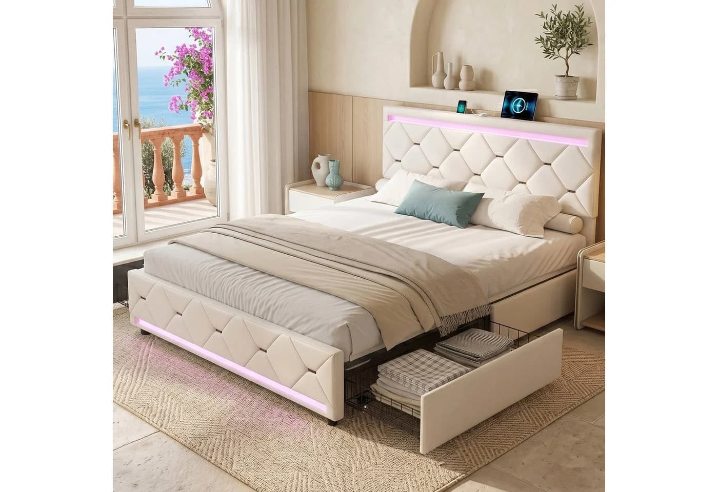 zebery Stauraumbett Polsterbett Beige mit LED und USB - Bild 2