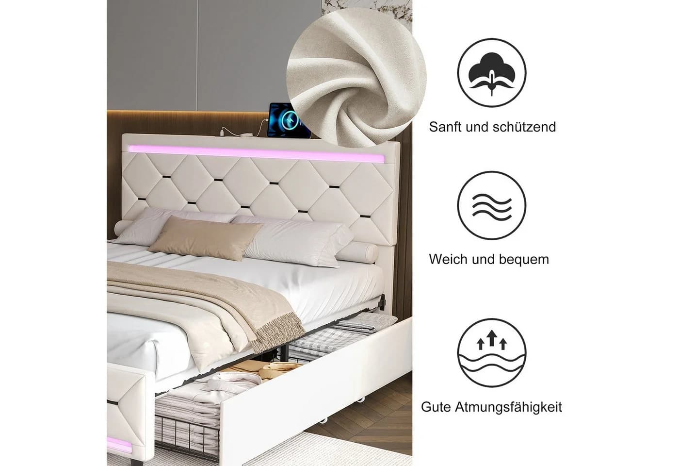 zebery Stauraumbett Polsterbett Beige mit LED und USB - Bild 4