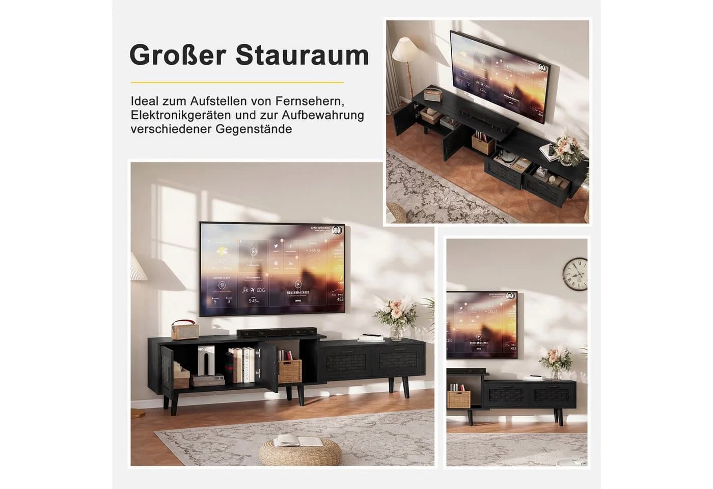 BELUPAI TV-Schrank Lowboard Schwarz mit Bambusflechtung