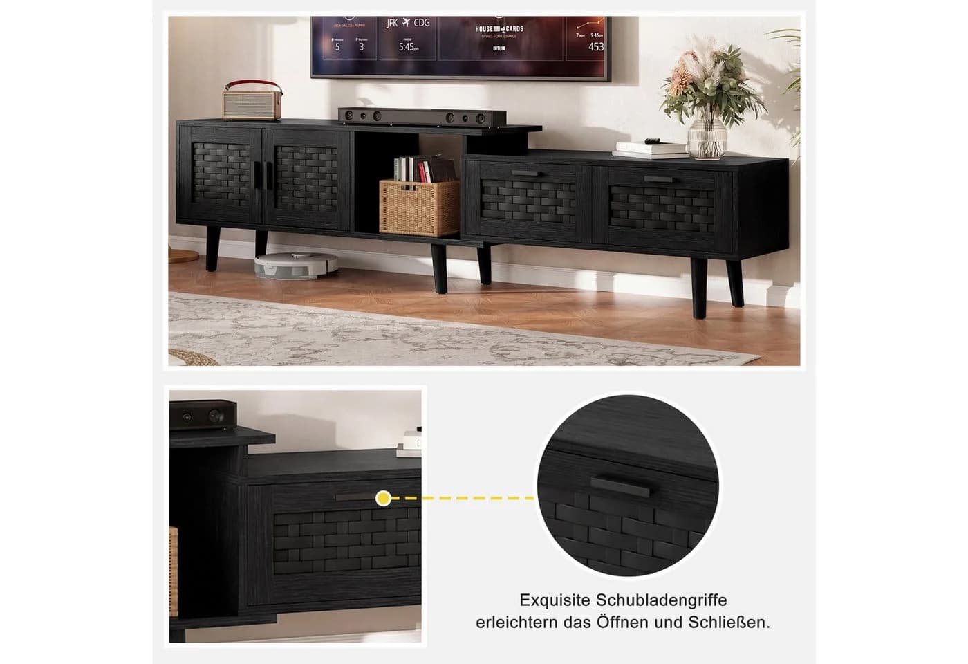BELUPAI TV-Schrank Lowboard Schwarz mit Bambusflechtung - Bild 3