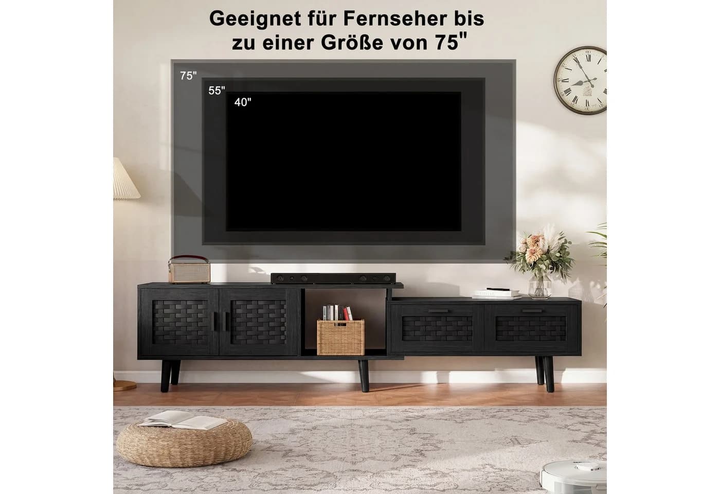 BELUPAI TV-Schrank Lowboard Schwarz mit Bambusflechtung - Bild 4