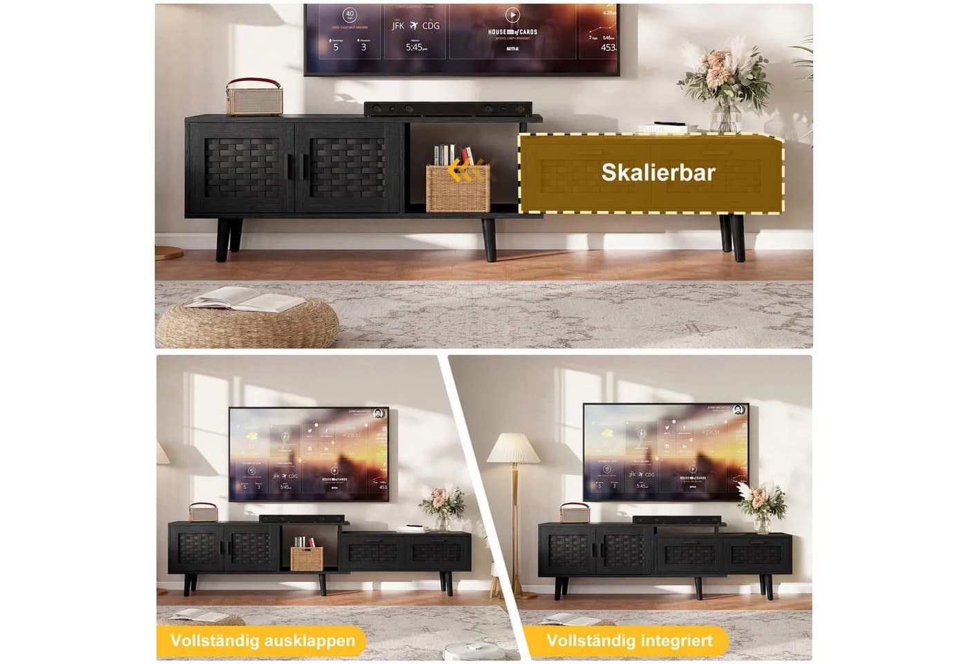 BELUPAI TV-Schrank Lowboard Schwarz mit Bambusflechtung - Bild 5