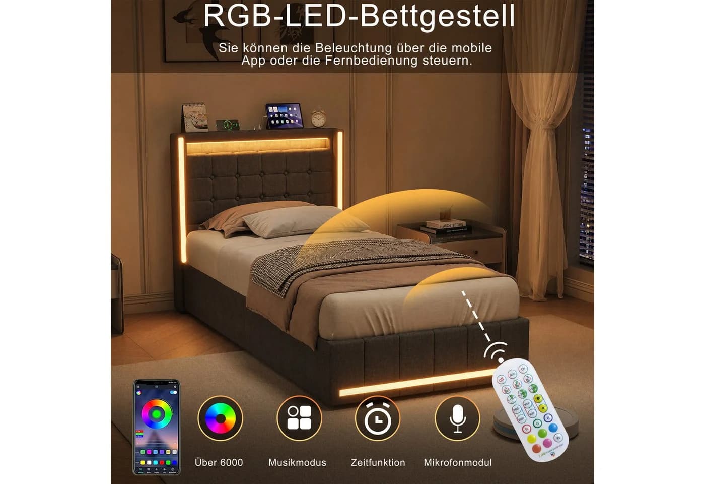 Yelenaro Polsterbett Grau mit LED, USB & Bettkasten - Bild 3